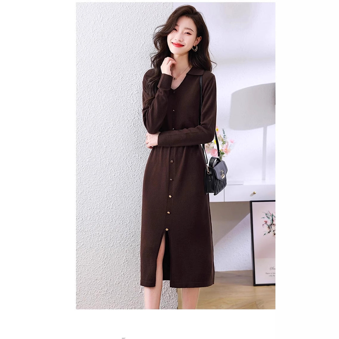 Damen Midi-Kleid Knöpfe Tailliert Eveloria