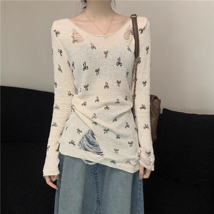 Damen Langarmshirt Risse Verspielt Motiv Eveloria