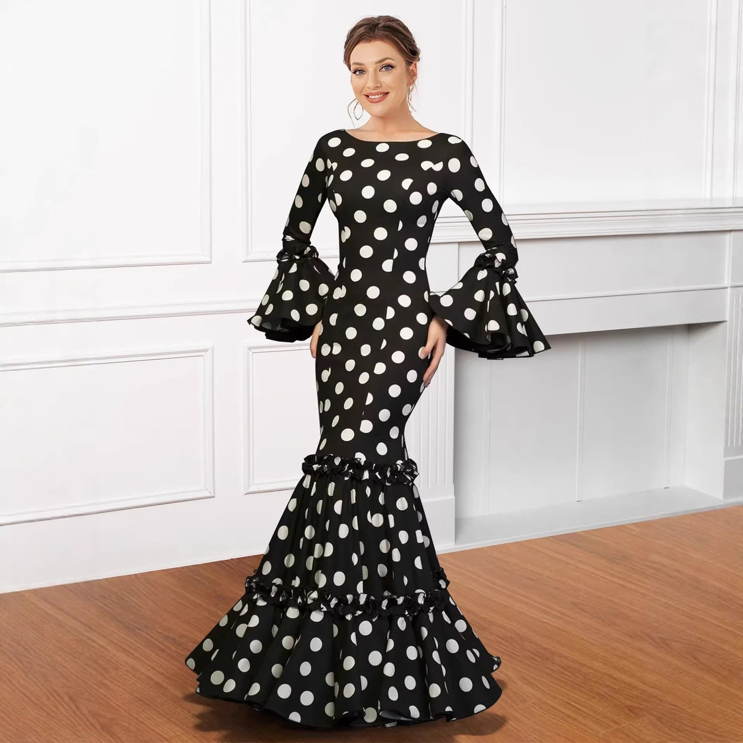 Damen Maxikleid mit Volant und Polka-Dots