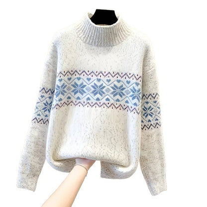 Damen Rollkragenpullover Nordisches Muster Kuschelig Grau Eveloria