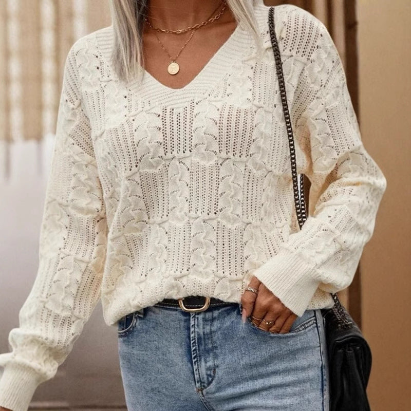 Damen Strickpullover Offene Schulter Lochmuster - Eveloria