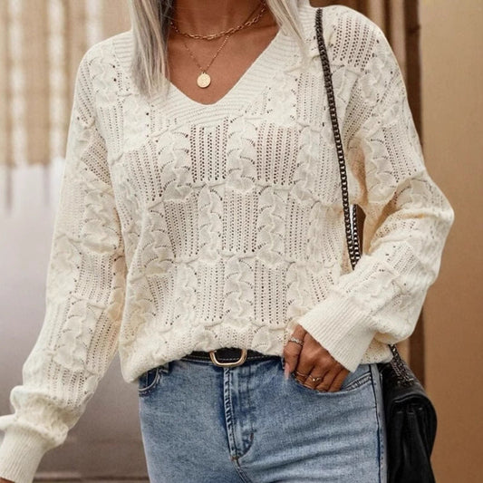 Damen Strickpullover Offene Schulter Lochmuster - Eveloria