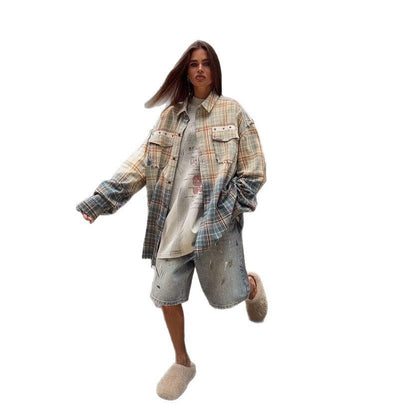 Damen Oversized Karohemdjacke mit Taschen