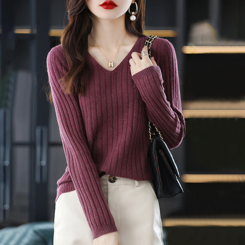 Damen Strickpullover V-Ausschnitt Feine Rippenstruktur Eveloria