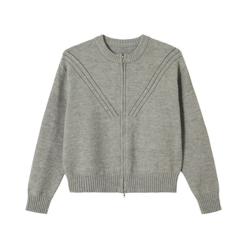 Damen Strickjacke Zopfmuster Reißverschluss Beige