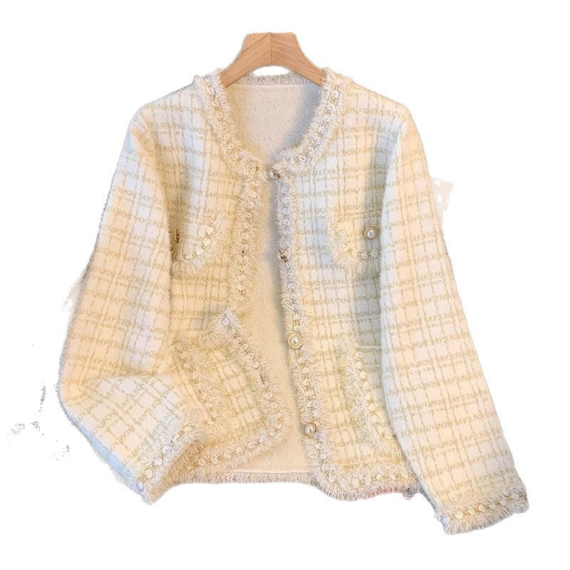 Damen Strickjacke Kuschelig Perlen Fransen Beige Eveloria