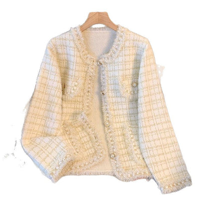 Damen Strickjacke Kuschelig Perlen Fransen Beige Eveloria