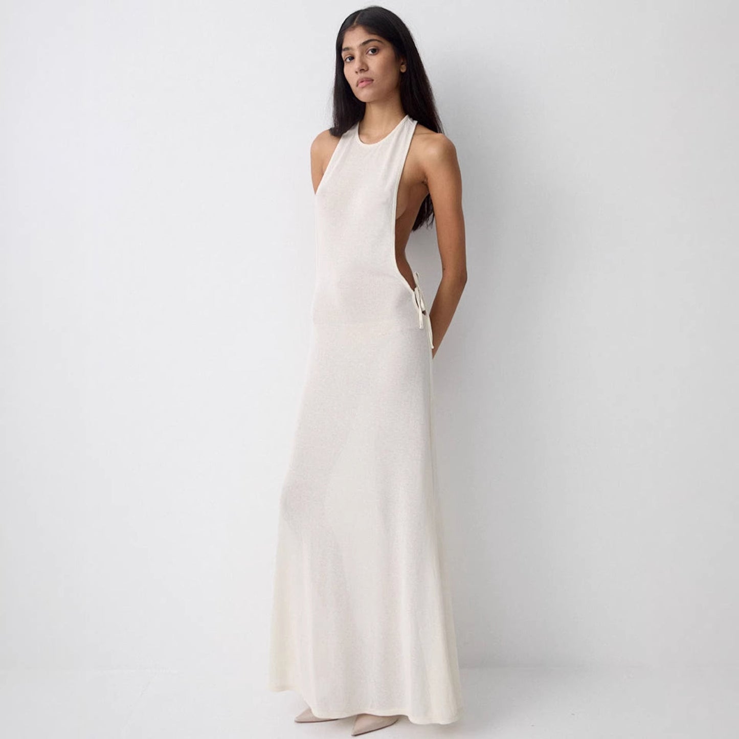 Damen Seidenkleid Lang Elegant Schleifen