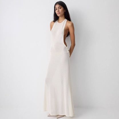 Damen Seidenkleid Lang Elegant Schleifen