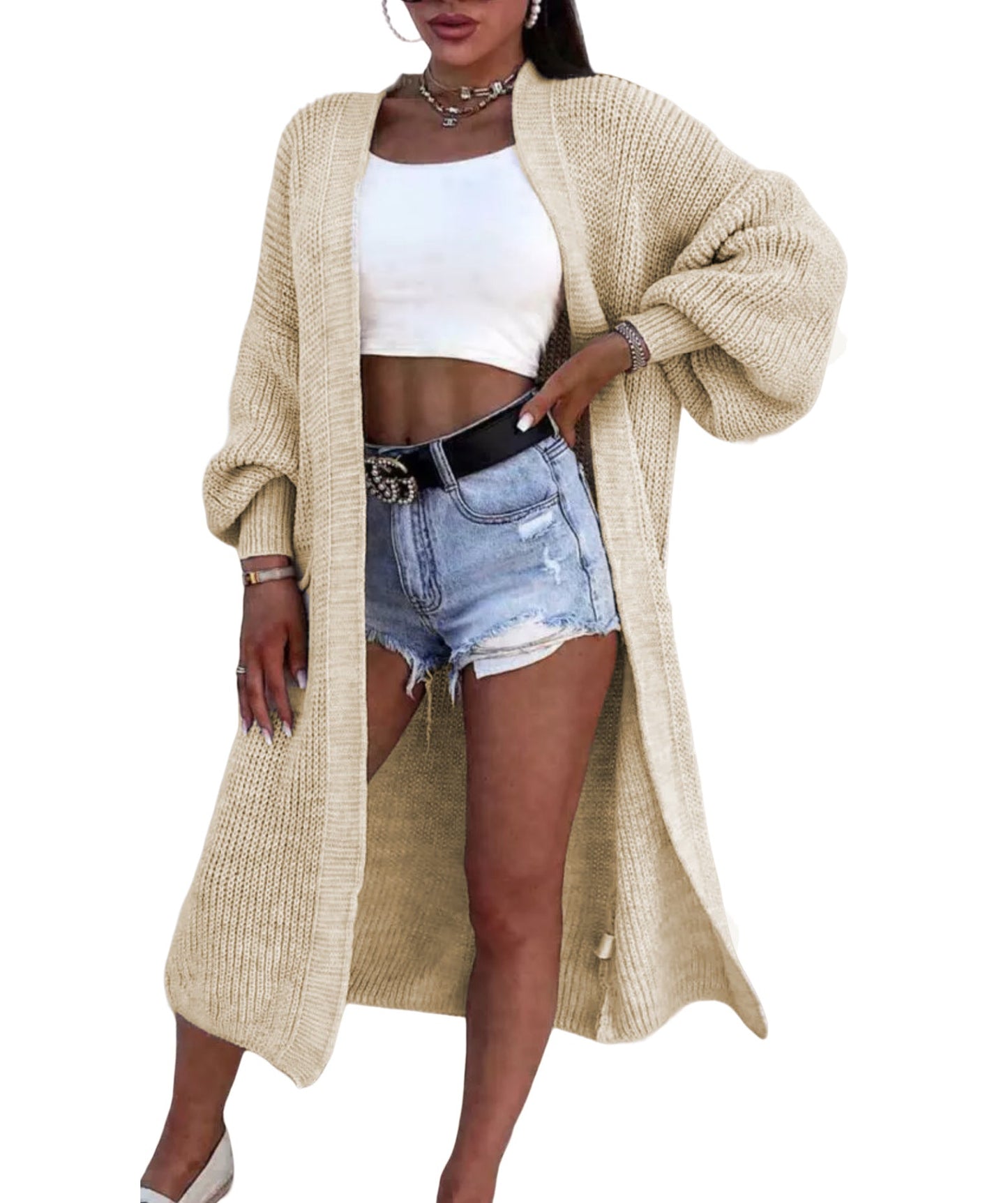 Damen Strickmantel Lang Weite Ärmel Taschen Beige