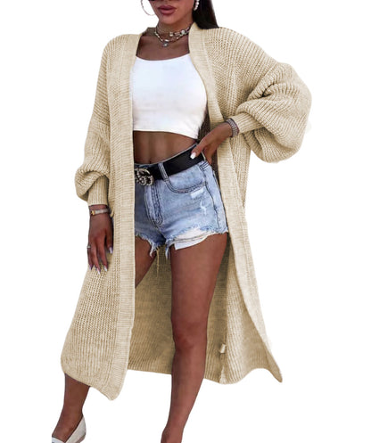 Damen Strickmantel Lang Weite Ärmel Taschen Beige