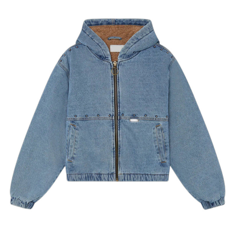 Damen Jeansjacke Kapuze Taschen Eveloria
