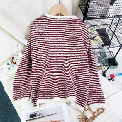 Damen Streifenpullover Lässig Dekorativer Knopf Beige