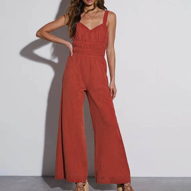 Damen Jumpsuit Weites Bein Gesmoktes Oberteil Eveloria