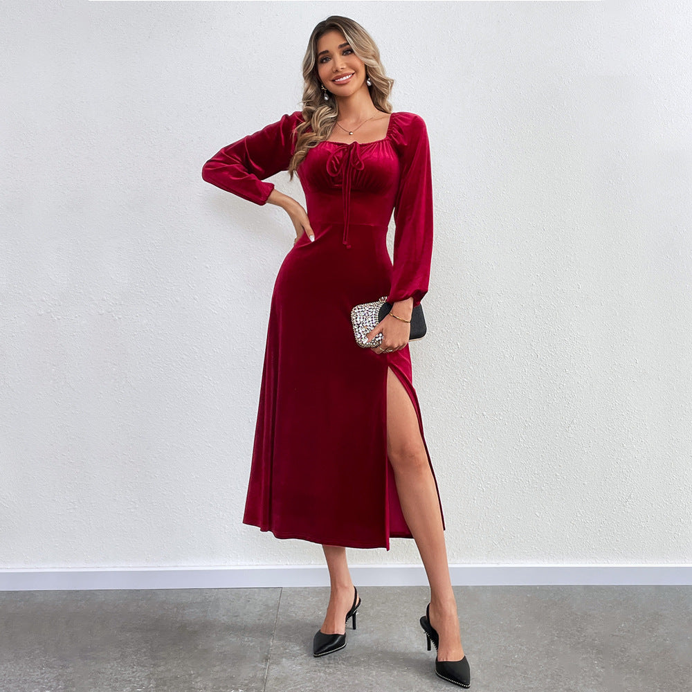 Damen Maxikleid mit Drapierung und Hochschlitz Eveloria