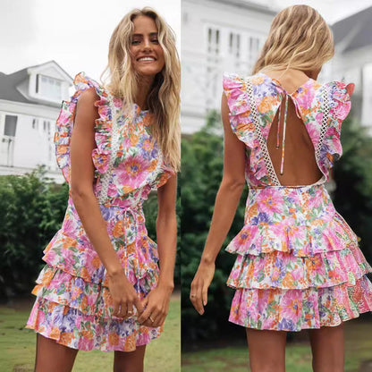 Damen Sommerkleid mit Rüschen und Blumenmuster, Taillengürtel,