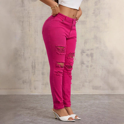 Damen Skinny Jeans Destroyed Hochbund Dunkelblau Eveloria