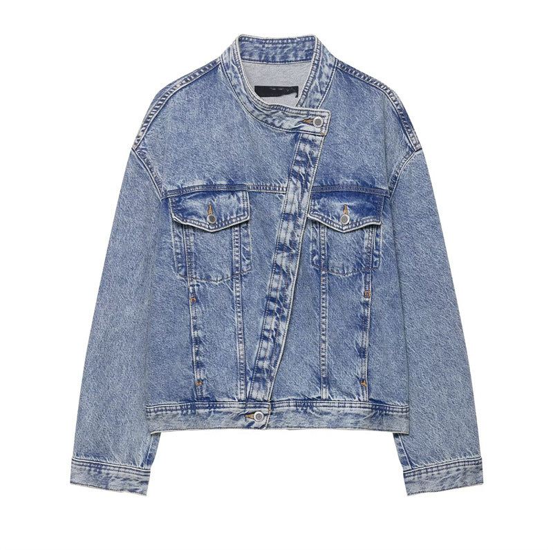Damen Denimjacke Asymmetrisch Mit Taschen Blau Eveloria