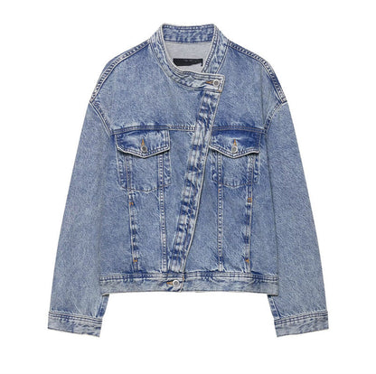 Damen Denimjacke Asymmetrisch Mit Taschen Blau Eveloria