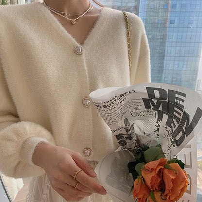 Damen Cardigan V-Ausschnitt Herzknöpfe