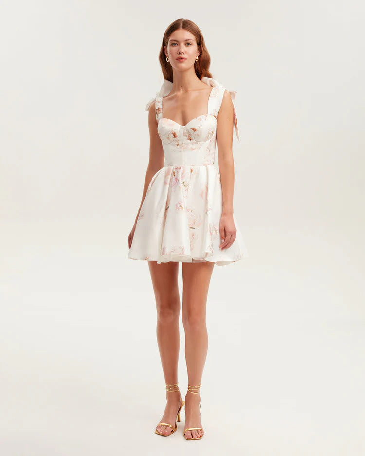 Damen Mini-Kleid Floralmuster Spitzenärmel Eveloria