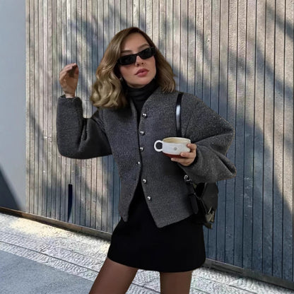 Damen Kurzjacke Voluminöse Ärmel Stilvolle Knöpfe Eveloria