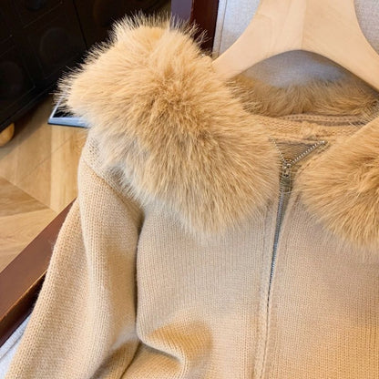 Damen Strickjacke Abnehmbarer Kunstfellkragen Eveloria
