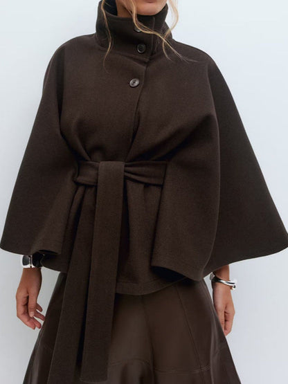 Damen Umhangjacke Hochkragen Gürtel Eveloria