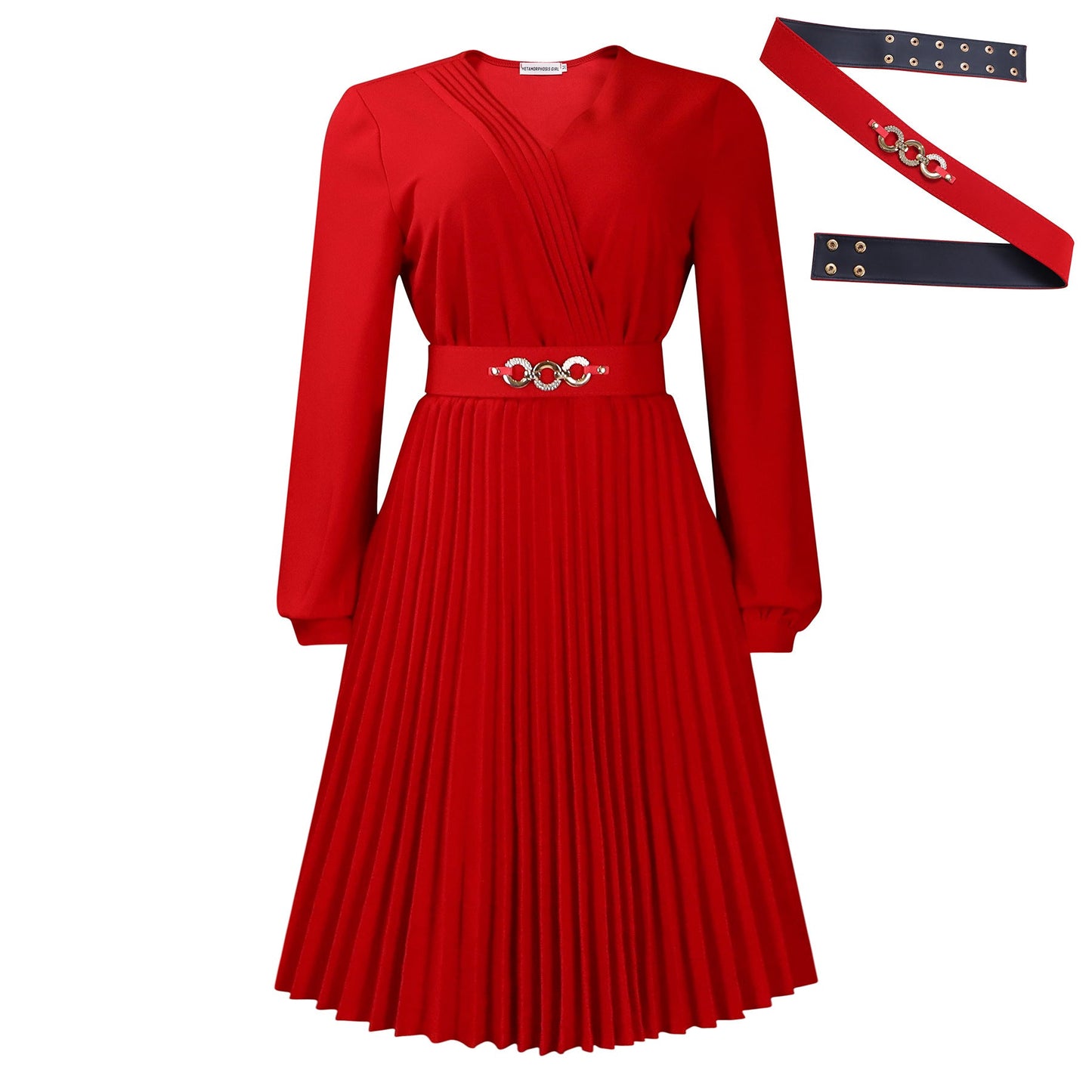 Damen Plissee-Kleid mit Taillengürtel V-Ausschnitt Eveloria