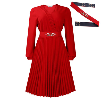 Damen Plissee-Kleid mit Taillengürtel V-Ausschnitt Eveloria