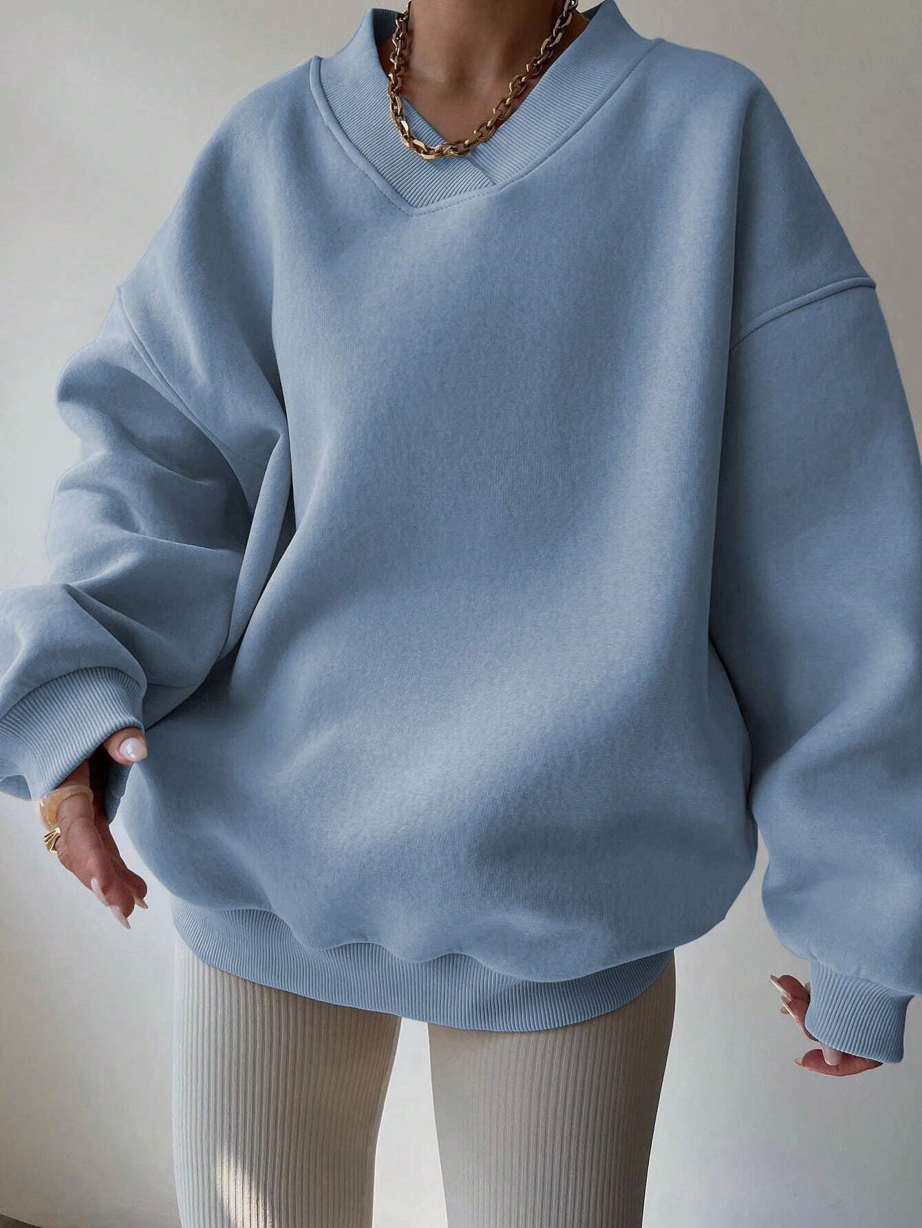 Damen Oversized Sweatshirt V-Ausschnitt Breite Ärmel Grau Eveloria