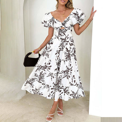 Damen Maxikleid Voluminöse Puffärmel Florales Design
