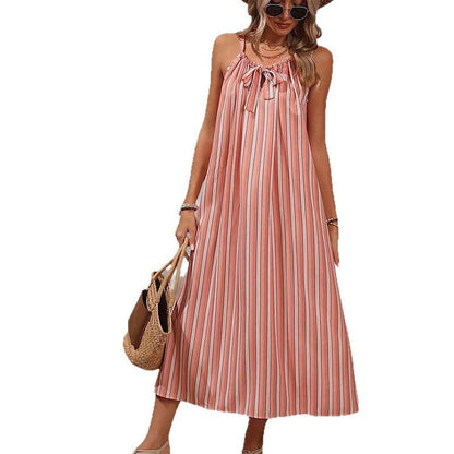 Damen Maxikleid mit Bindegürtel und Streifen