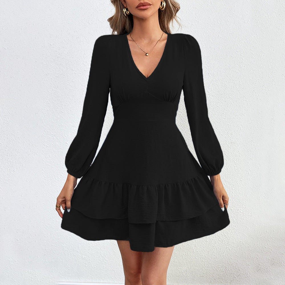 Damen Mini-Kleid Rüschensaum Puffärmel Eveloria
