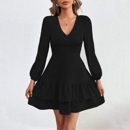 Damen Mini-Kleid Rüschensaum Puffärmel Eveloria