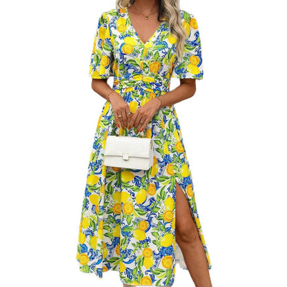 Damen Maxikleid Fruchtig Muster Elegante Taillierung