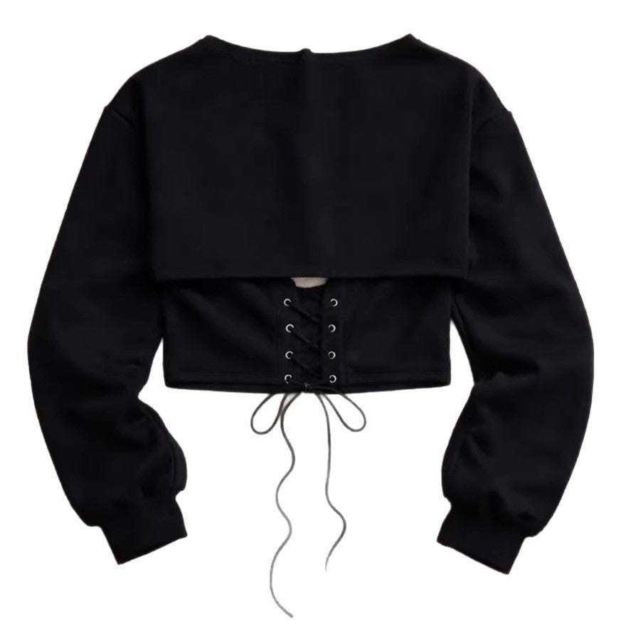 Damen Cropped Sweatshirt Schnürung Grau Eveloria