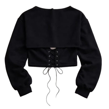Damen Cropped Sweatshirt Schnürung Grau Eveloria