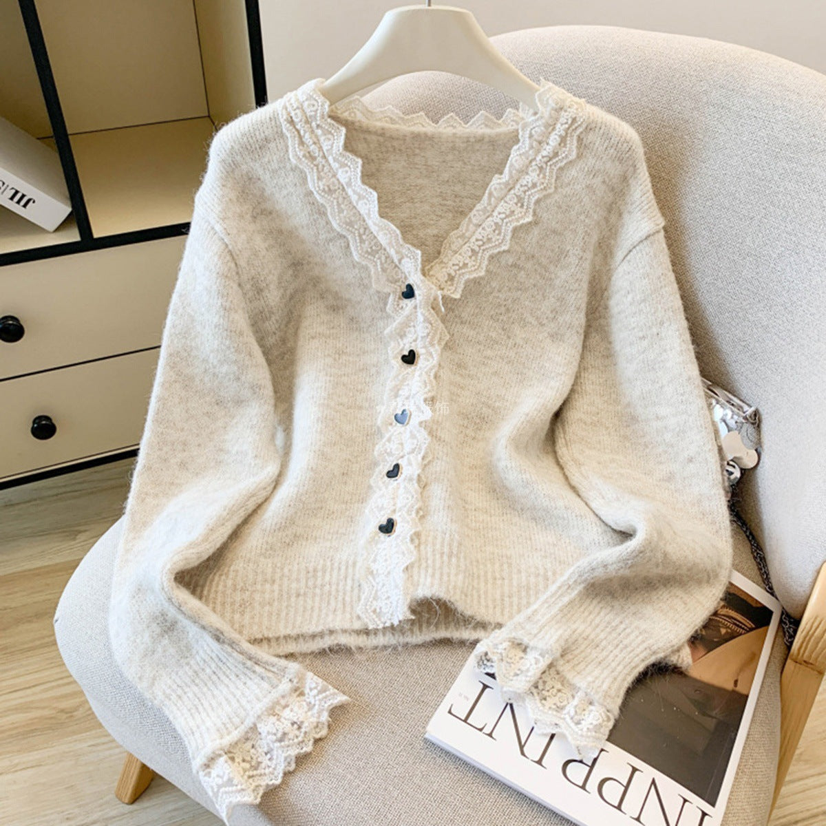 Damen Strickpullover Spitzenverzierung Eleganz