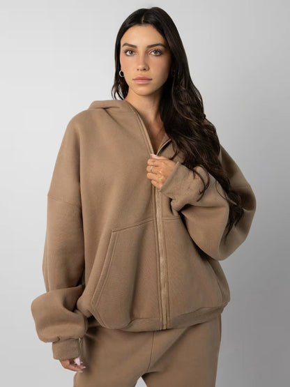 Damen Hoodie Jogginghose Set aus Fleece mit Taschen Beige