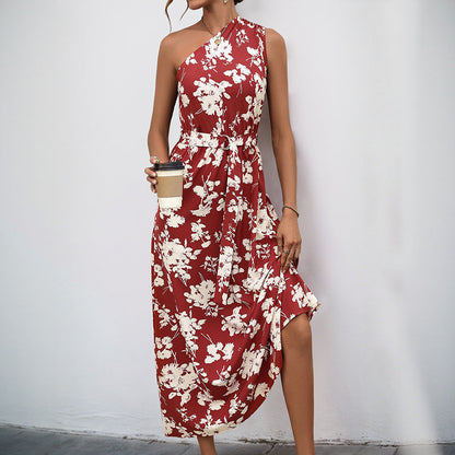 Damen Maxikleid Asymmetrischer Ausschnitt Florales Muster - Eveloria