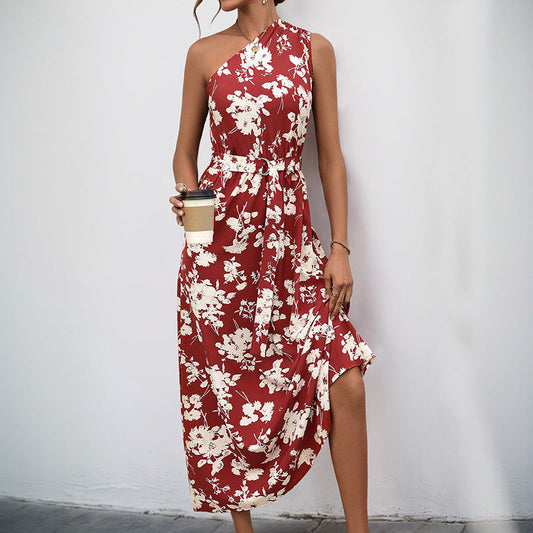 Damen Maxikleid Asymmetrischer Ausschnitt Florales Muster - Eveloria