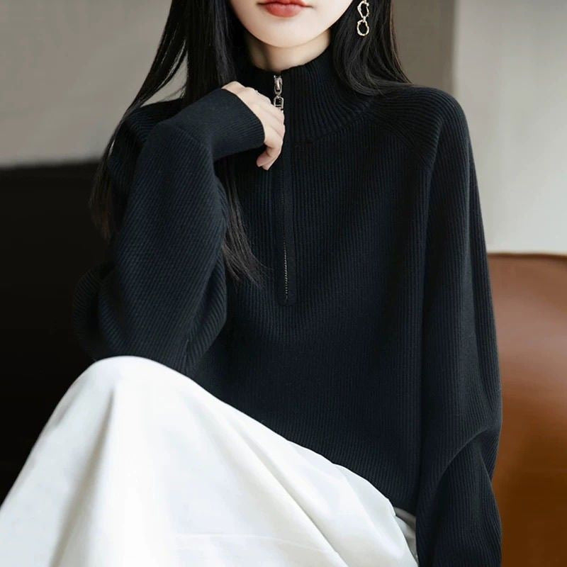 Damen Pullover Hochkragen Reißverschluss Eveloria
