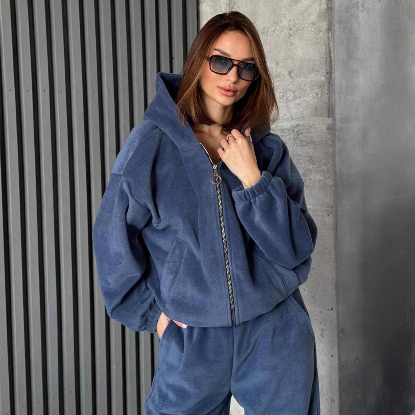 Damen Velours Jogginganzug mit Kapuze und Reißverschluss Bequem