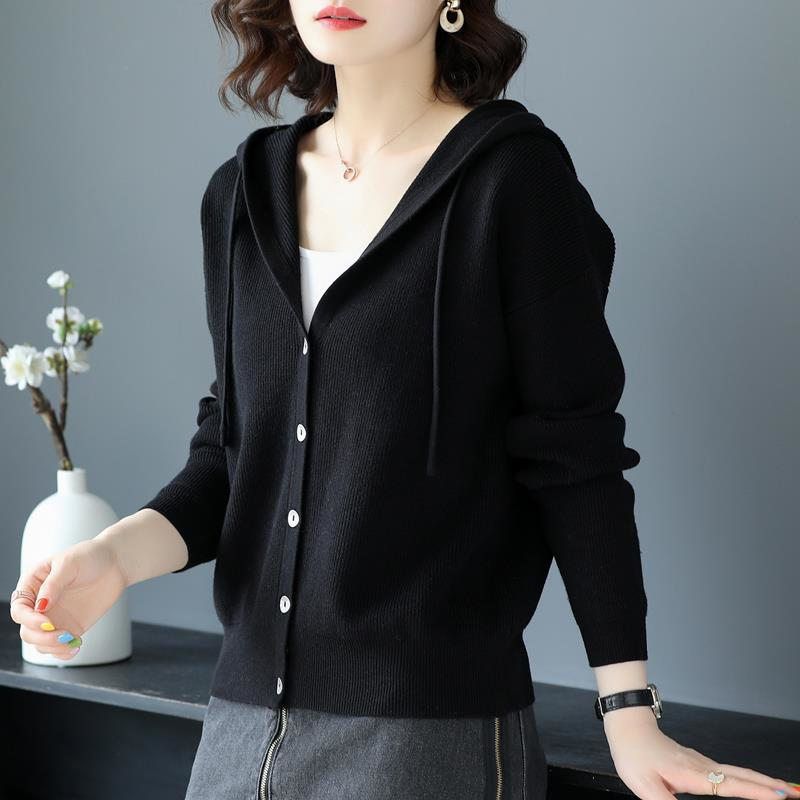 Damen Strickjacke mit Kapuze und Knöpfen Grau