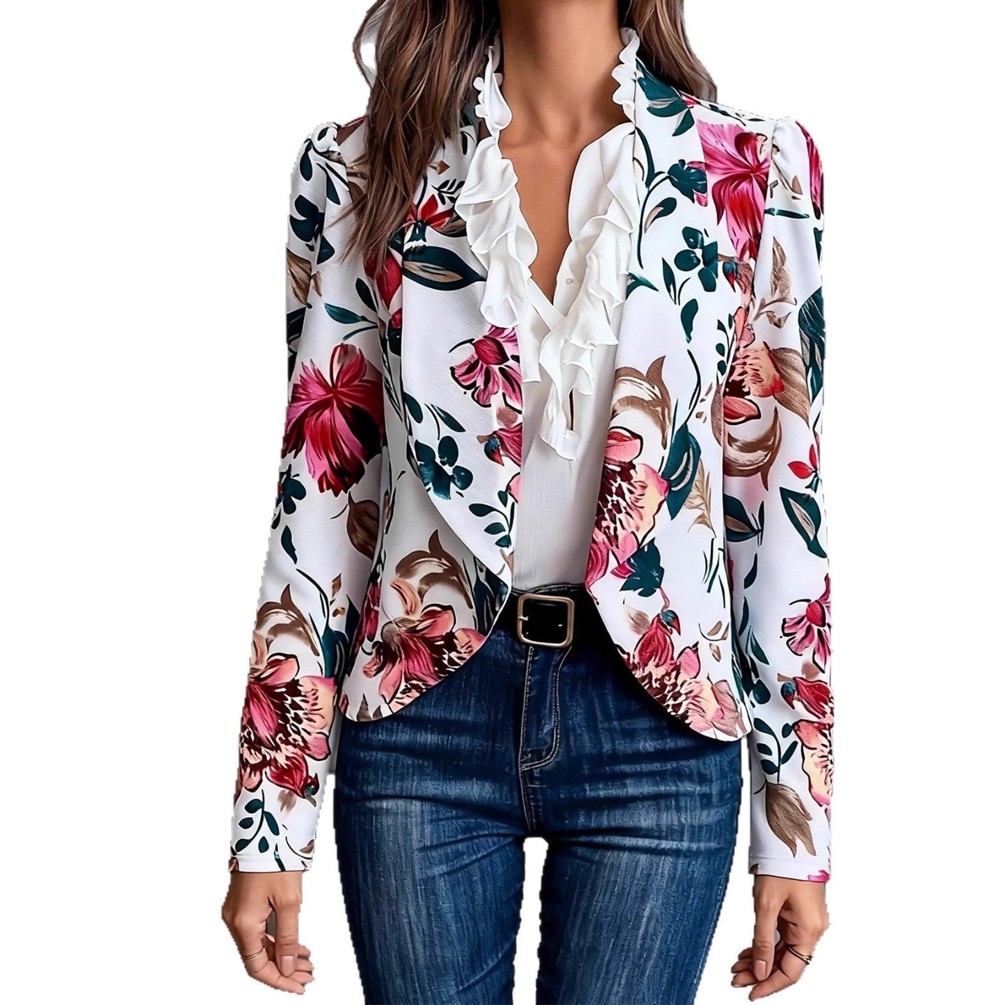 Damen Blazer Florales Design Rüschendetails Eveloria