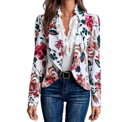 Damen Blazer Florales Design Rüschendetails Eveloria