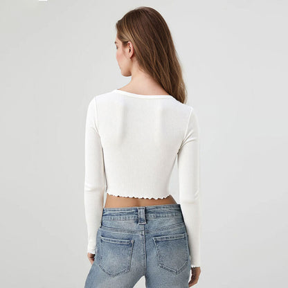 Damen Cropped Langarmshirt Rüschensaum