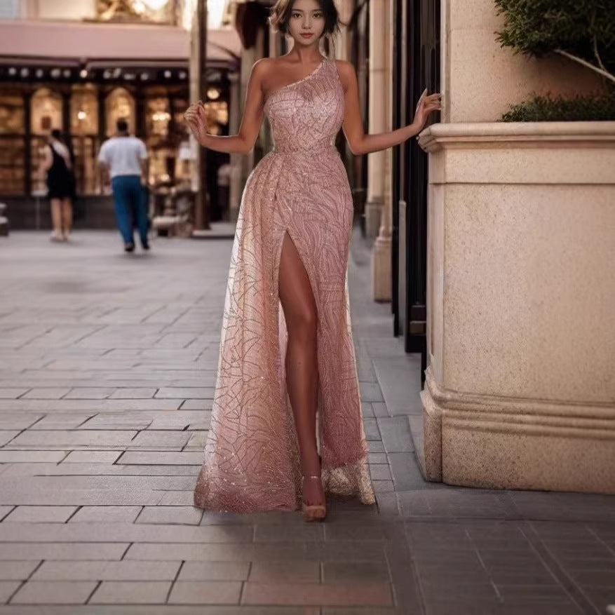 Damen Abendkleid Asymmetrischer Schnitt Glitzernd Eveloria