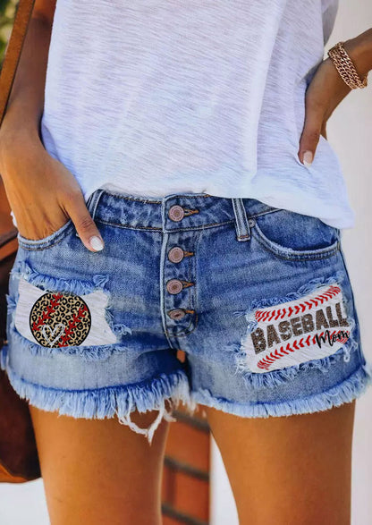 Damen Vintage-Shorts Jeans mit Flaggen-Applikationen Blau